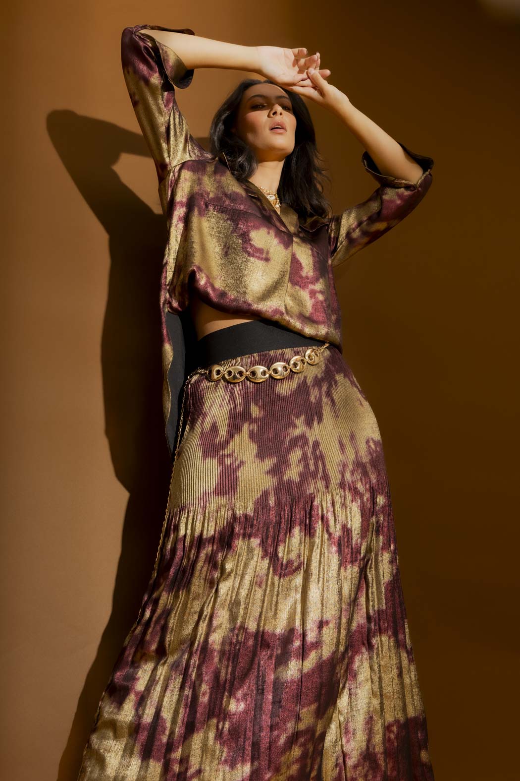 Burgundy/Gold Pleat Maxi Skirt Burgundy/Gold S