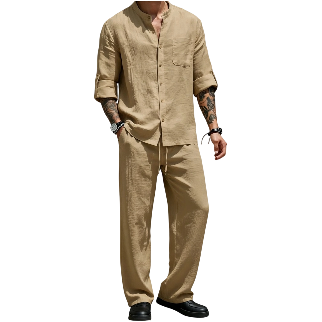 Men’s Linen Shirt & Pants Set – Stand Collar Long-Sleeve Shirt with Straight-Leg Belted Pants
