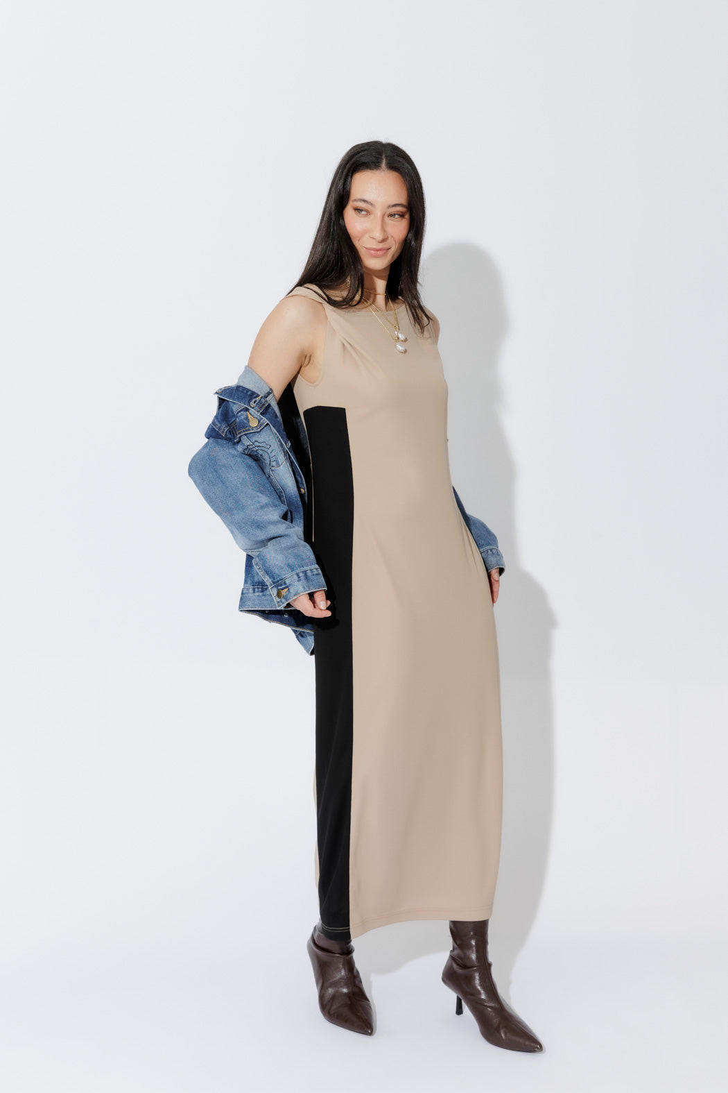 Beige Twist Shoulder Dress