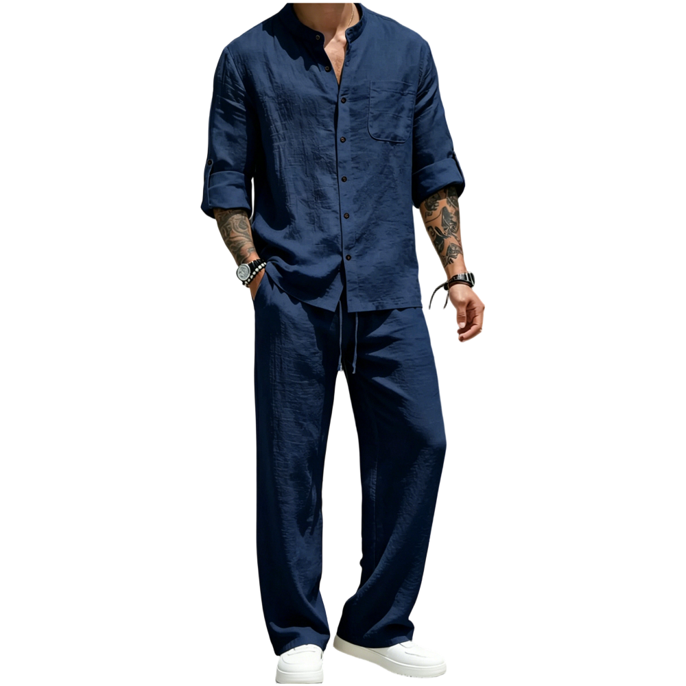 Men’s Linen Shirt & Pants Set – Stand Collar Long-Sleeve Shirt with Straight-Leg Belted Pants
