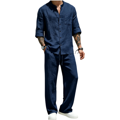 Men’s Linen Shirt & Pants Set – Stand Collar Long-Sleeve Shirt with Straight-Leg Belted Pants