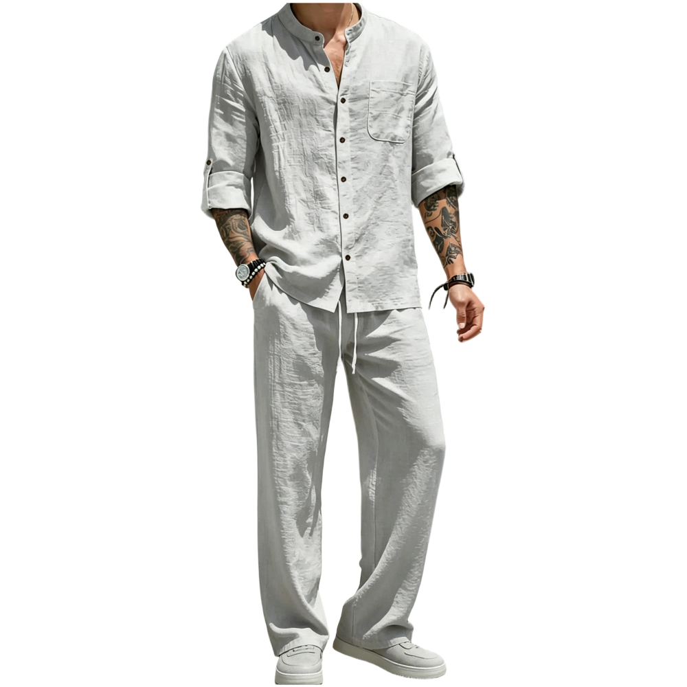 Men’s Linen Shirt & Pants Set – Stand Collar Long-Sleeve Shirt with Straight-Leg Belted Pants