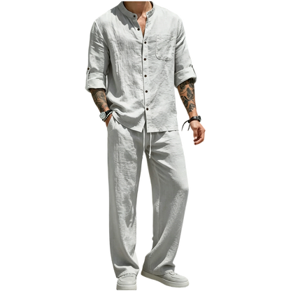 Men’s Linen Shirt & Pants Set – Stand Collar Long-Sleeve Shirt with Straight-Leg Belted Pants