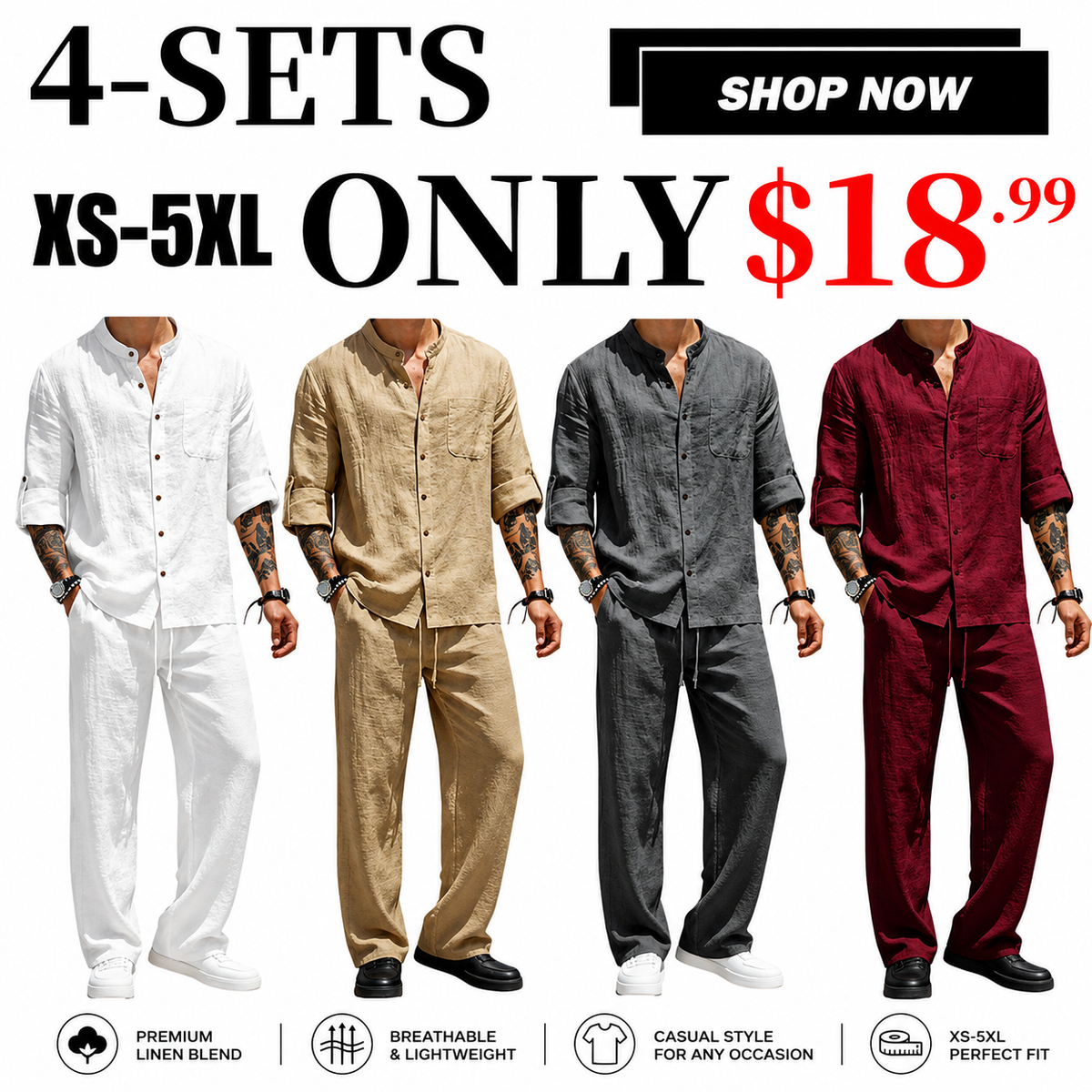 Men’s Linen Shirt & Pants Set – Stand Collar Long-Sleeve Shirt with Straight-Leg Belted Pants