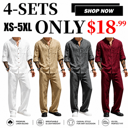 Men’s Linen Shirt & Pants Set – Stand Collar Long-Sleeve Shirt with Straight-Leg Belted Pants