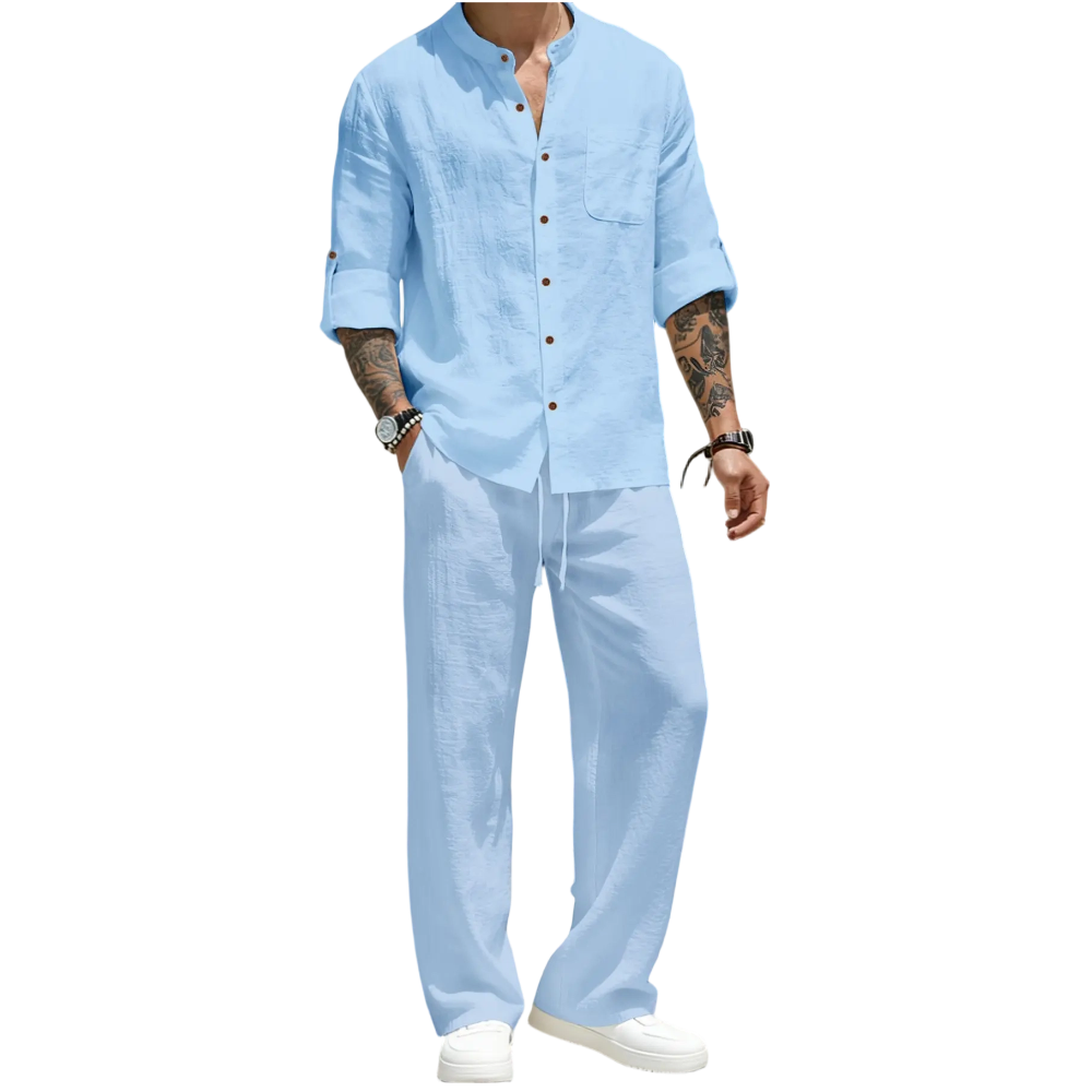 Men’s Linen Shirt & Pants Set – Stand Collar Long-Sleeve Shirt with Straight-Leg Belted Pants
