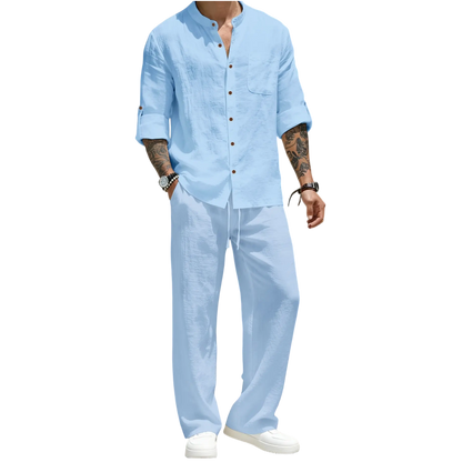 Men’s Linen Shirt & Pants Set – Stand Collar Long-Sleeve Shirt with Straight-Leg Belted Pants