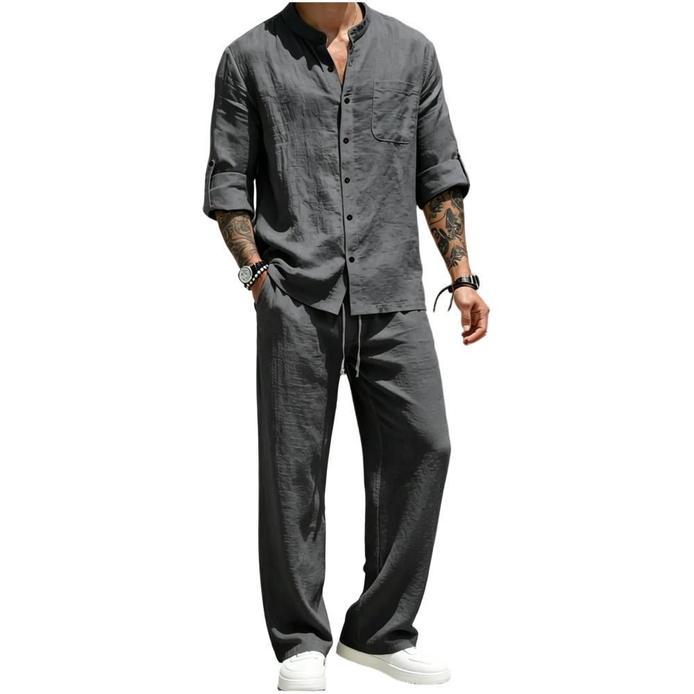 Men’s Linen Shirt & Pants Set – Stand Collar Long-Sleeve Shirt with Straight-Leg Belted Pants