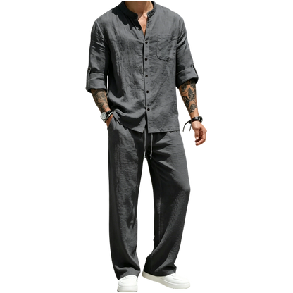 Men’s Linen Shirt & Pants Set – Stand Collar Long-Sleeve Shirt with Straight-Leg Belted Pants