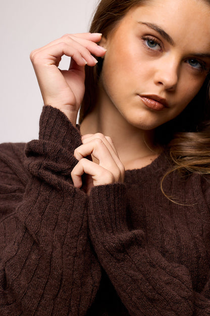 Cozy Knit Cable Crewneck Sweater | Heather Espresso