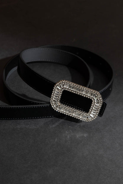 Black Baguette Diamante Belt Black O/S