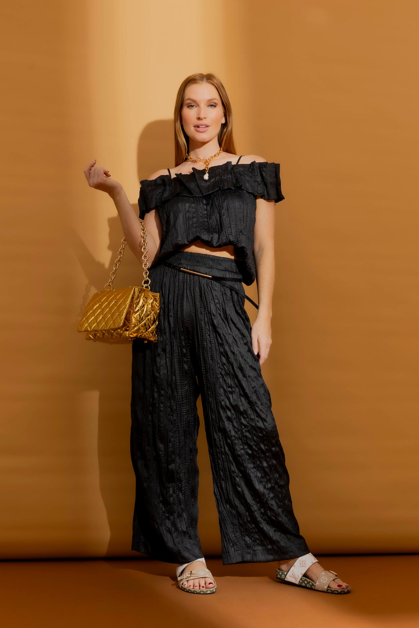 Black Crinkle Off-Shoulder Ruffle Top