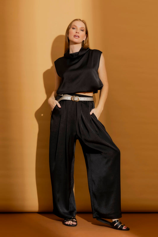 Black Silky Pull-On Pleat Pant