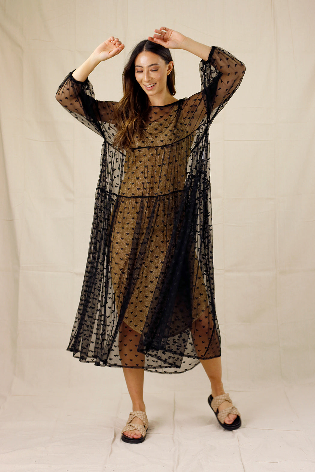 Black Hearts Tiered Mesh Dress