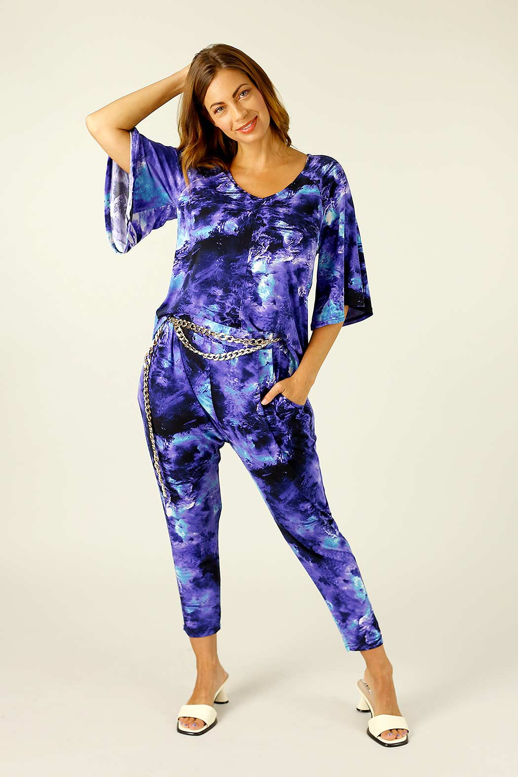 Blue Purple Jersey Bell Sleeve Top - SALE
