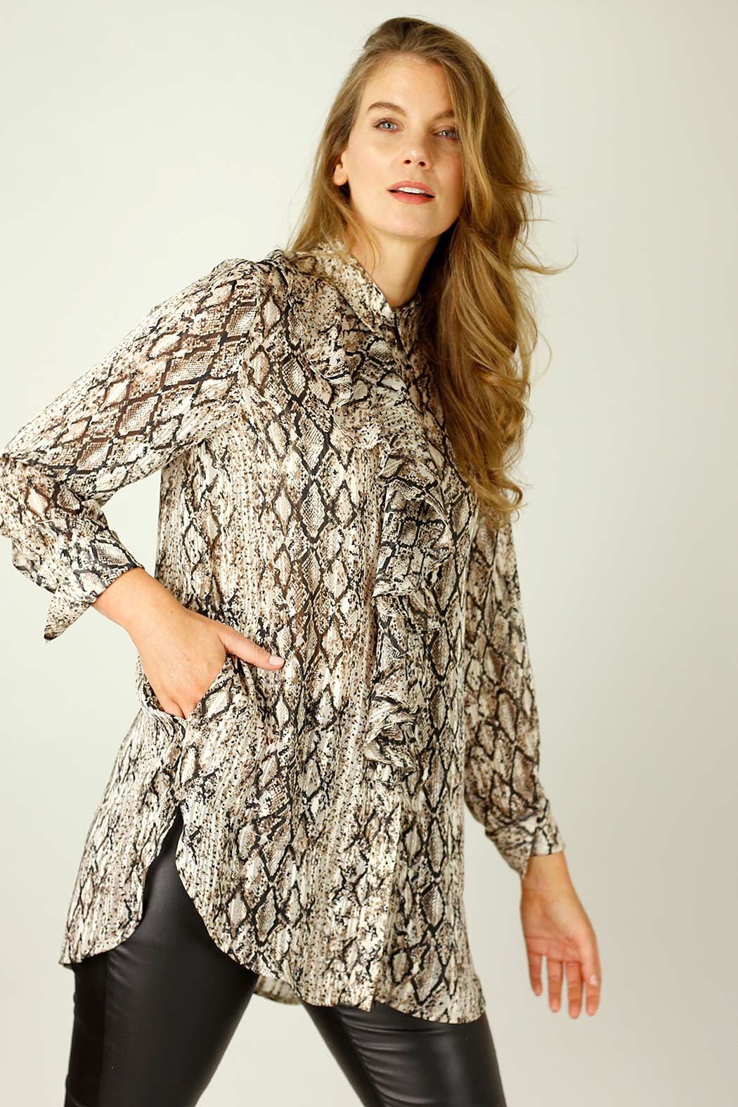 Brown Snake Chiffon Waterfall Shirt - SALE