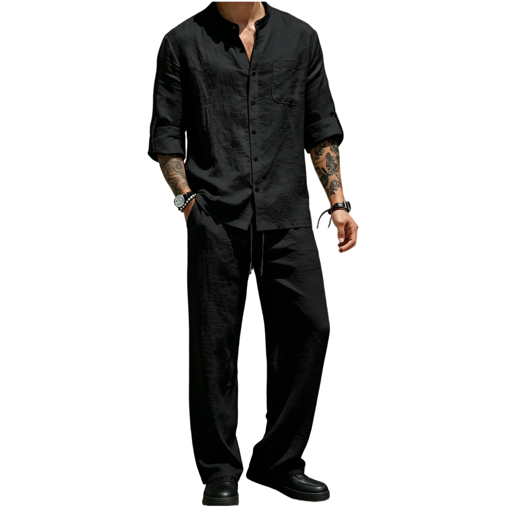 Men’s Linen Shirt & Pants Set – Stand Collar Long-Sleeve Shirt with Straight-Leg Belted Pants