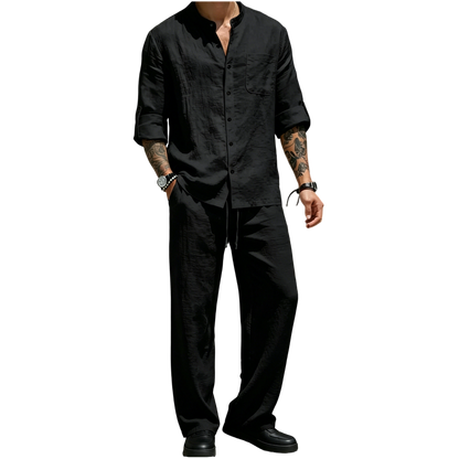 Men’s Linen Shirt & Pants Set – Stand Collar Long-Sleeve Shirt with Straight-Leg Belted Pants