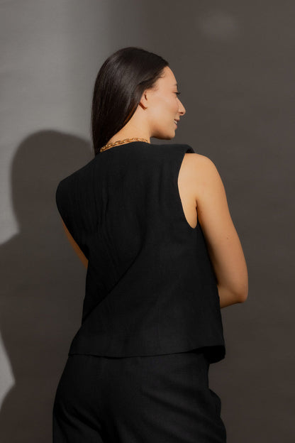 Black Sandwashed Linen Tailored Vest