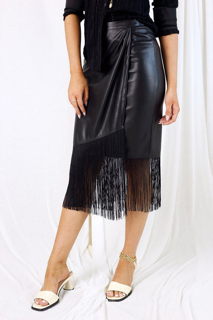 Black Vegan Leather Fringe Skirt - SALE