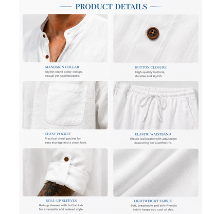 Men’s Linen Shirt & Pants Set – Stand Collar Long-Sleeve Shirt with Straight-Leg Belted Pants