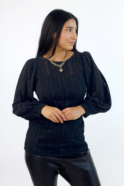 Black Stretch Lace Puff Top - SALE