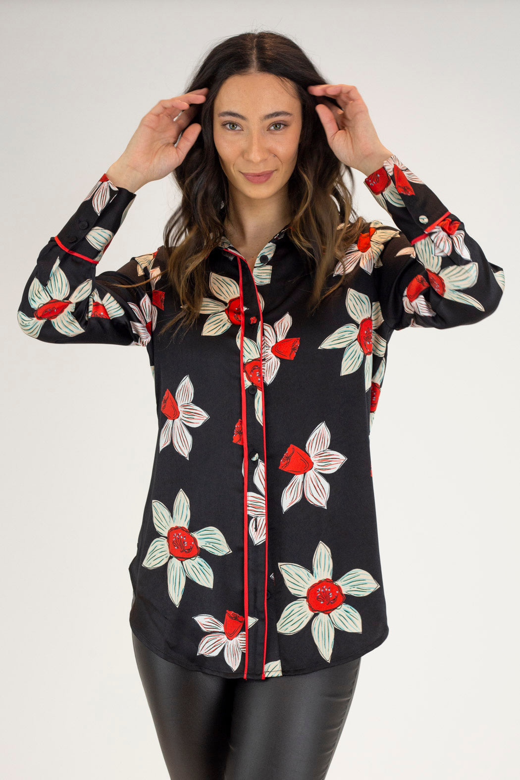 Black And Red Silky Piping Shirt - Final Sale