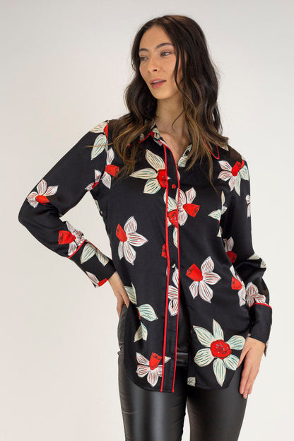Black And Red Silky Piping Shirt - Final Sale