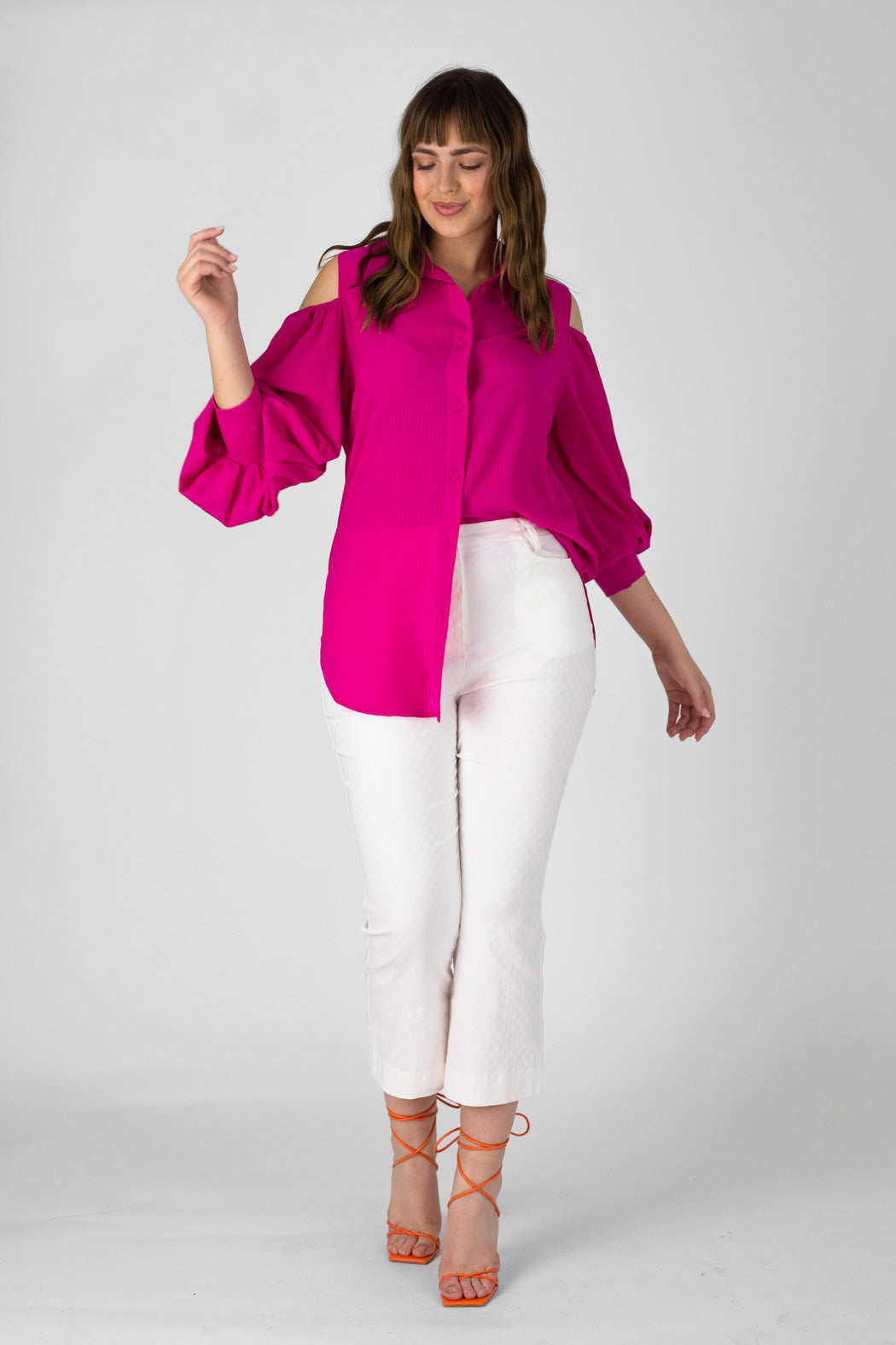 Bright Pink Chiffon Keyhole Shirt - Sale