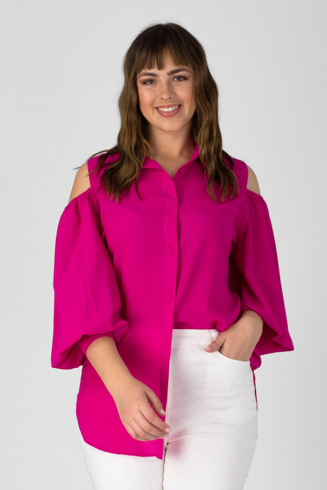 Bright Pink Chiffon Keyhole Shirt - Sale