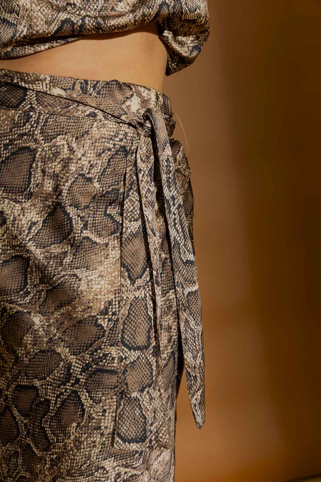 Brown Snake Silky Bias Belted Skirt Brown Snake