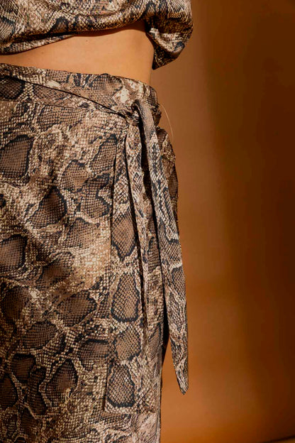 Brown Snake Silky Bias Belted Skirt Brown Snake