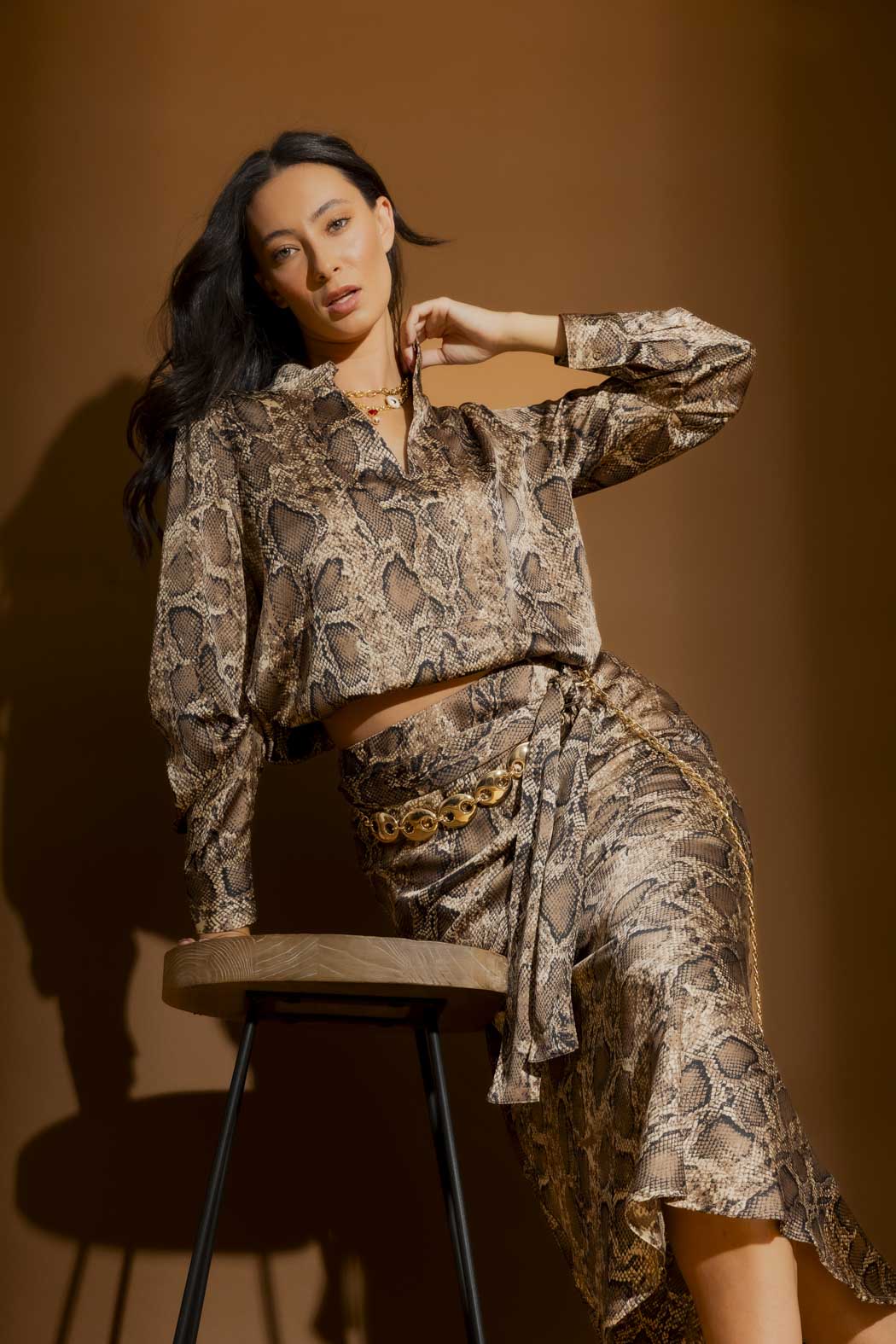 Brown Snake Silky Tuck Sleeve Blogger Shirt Brown Snake