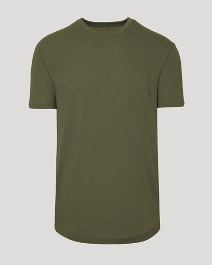 Military Green Curved Hem Classic Crew Neck