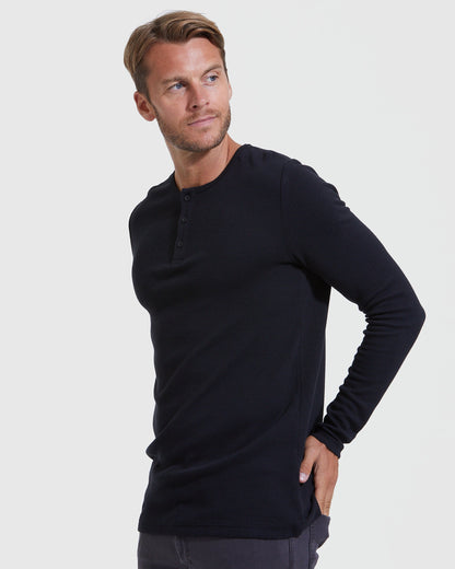Black Waffle Long Sleeve Henley 3-Pack