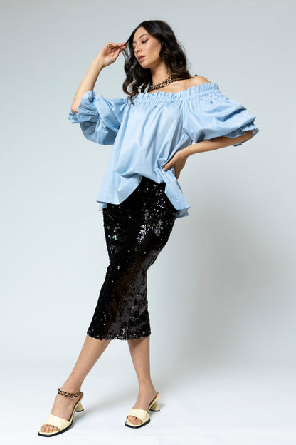 Chambray Cotton Off Shoulder Top NT