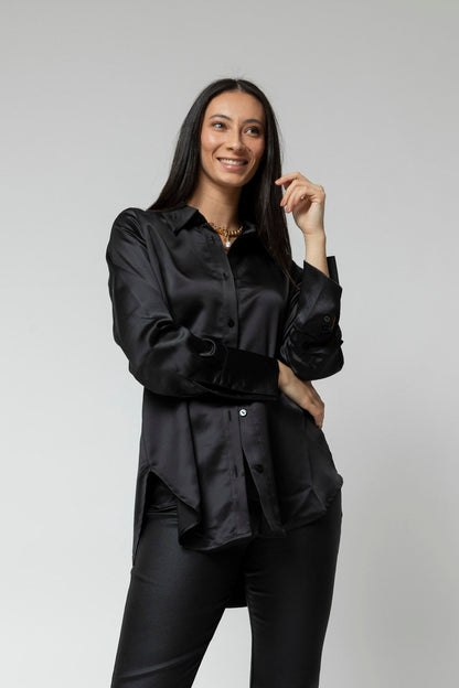 Black Satin Boyfriend Shirt- Sale