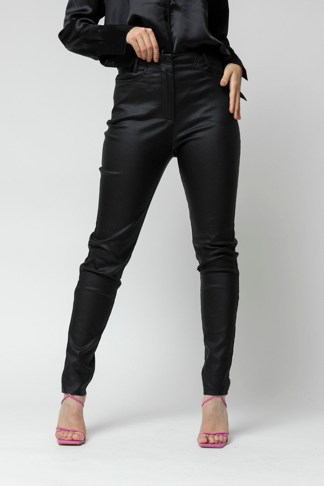 Black Waxed Slim Leg Pant- Sale