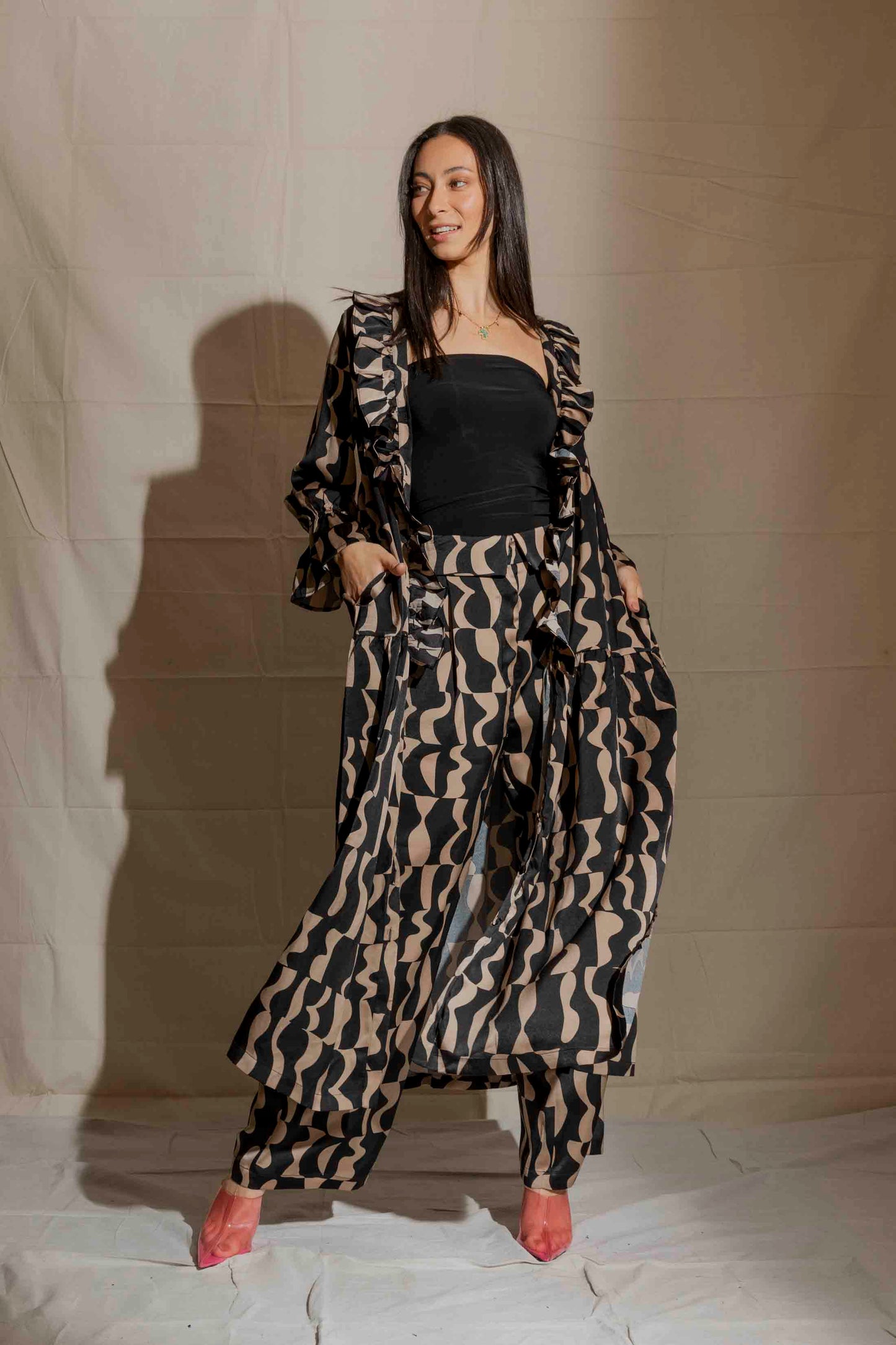 Black/taupe Silky Ruffle Dress
