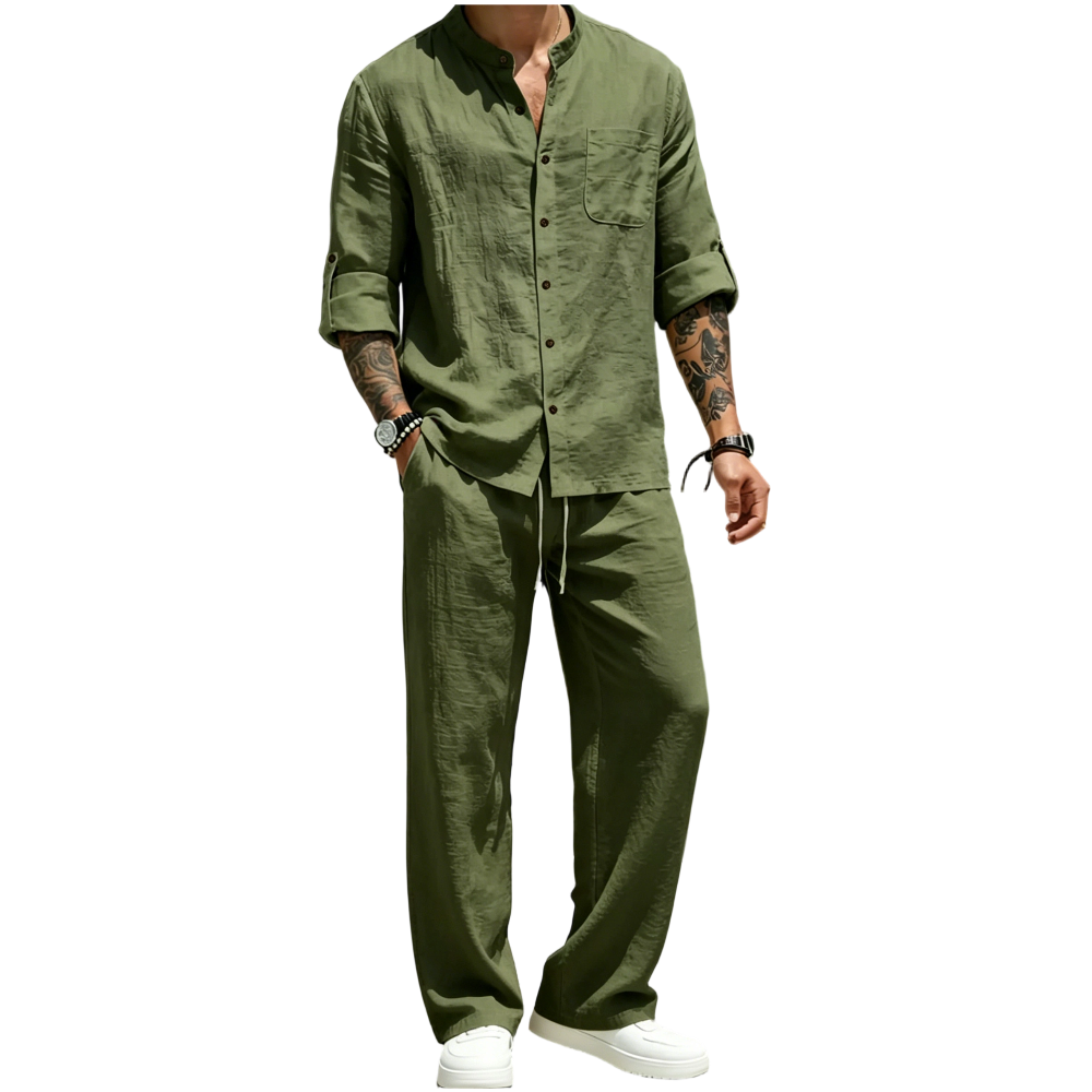 Men’s Linen Shirt & Pants Set – Stand Collar Long-Sleeve Shirt with Straight-Leg Belted Pants