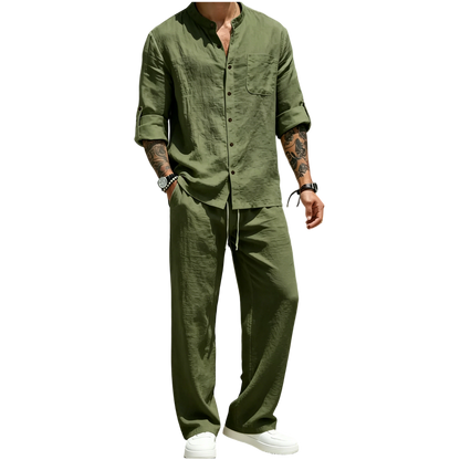 Men’s Linen Shirt & Pants Set – Stand Collar Long-Sleeve Shirt with Straight-Leg Belted Pants