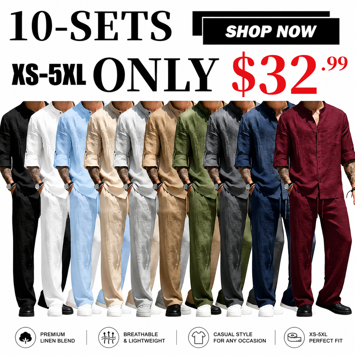Men’s Linen Shirt & Pants Set – Stand Collar Long-Sleeve Shirt with Straight-Leg Belted Pants