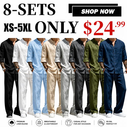 Men’s Linen Shirt & Pants Set – Stand Collar Long-Sleeve Shirt with Straight-Leg Belted Pants