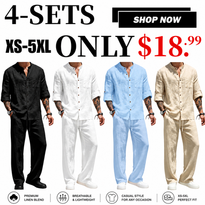 Men’s Linen Shirt & Pants Set – Stand Collar Long-Sleeve Shirt with Straight-Leg Belted Pants