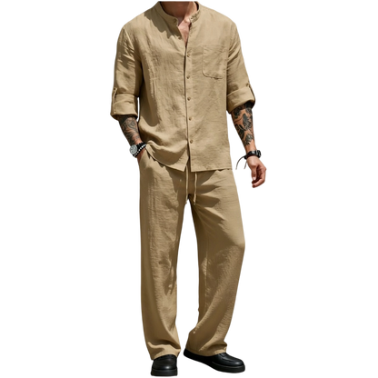 Men’s Linen Shirt & Pants Set – Stand Collar Long-Sleeve Shirt with Straight-Leg Belted Pants