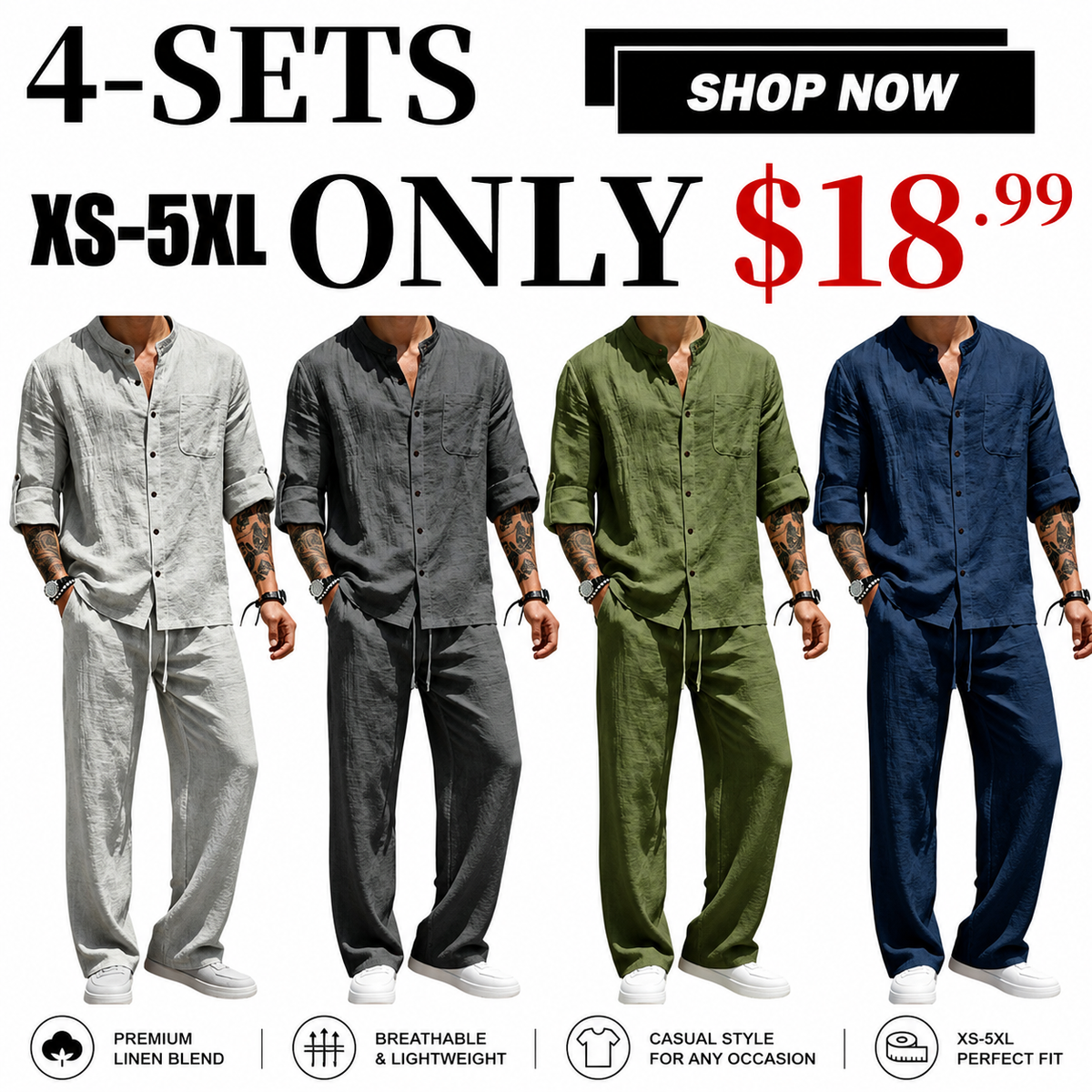 Men’s Linen Shirt & Pants Set – Stand Collar Long-Sleeve Shirt with Straight-Leg Belted Pants