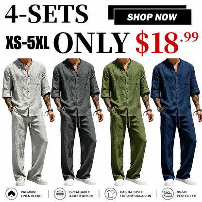 Men’s Linen Shirt & Pants Set – Stand Collar Long-Sleeve Shirt with Straight-Leg Belted Pants