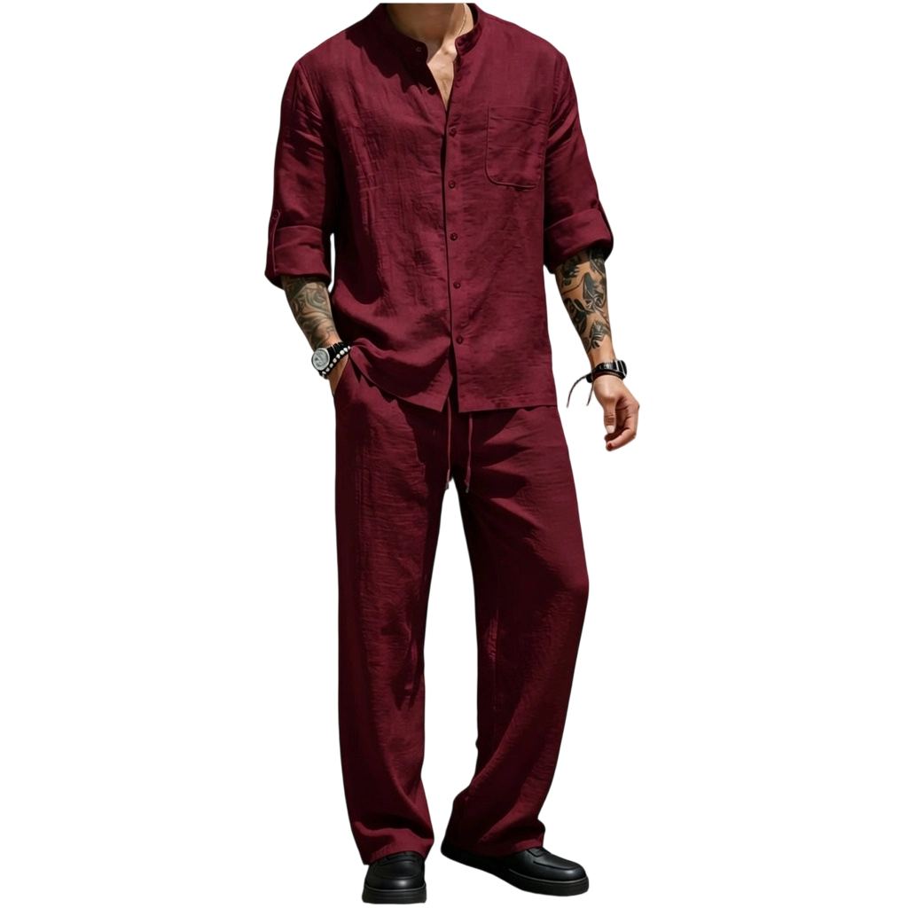 Men’s Linen Shirt & Pants Set – Stand Collar Long-Sleeve Shirt with Straight-Leg Belted Pants