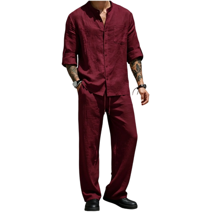 Men’s Linen Shirt & Pants Set – Stand Collar Long-Sleeve Shirt with Straight-Leg Belted Pants