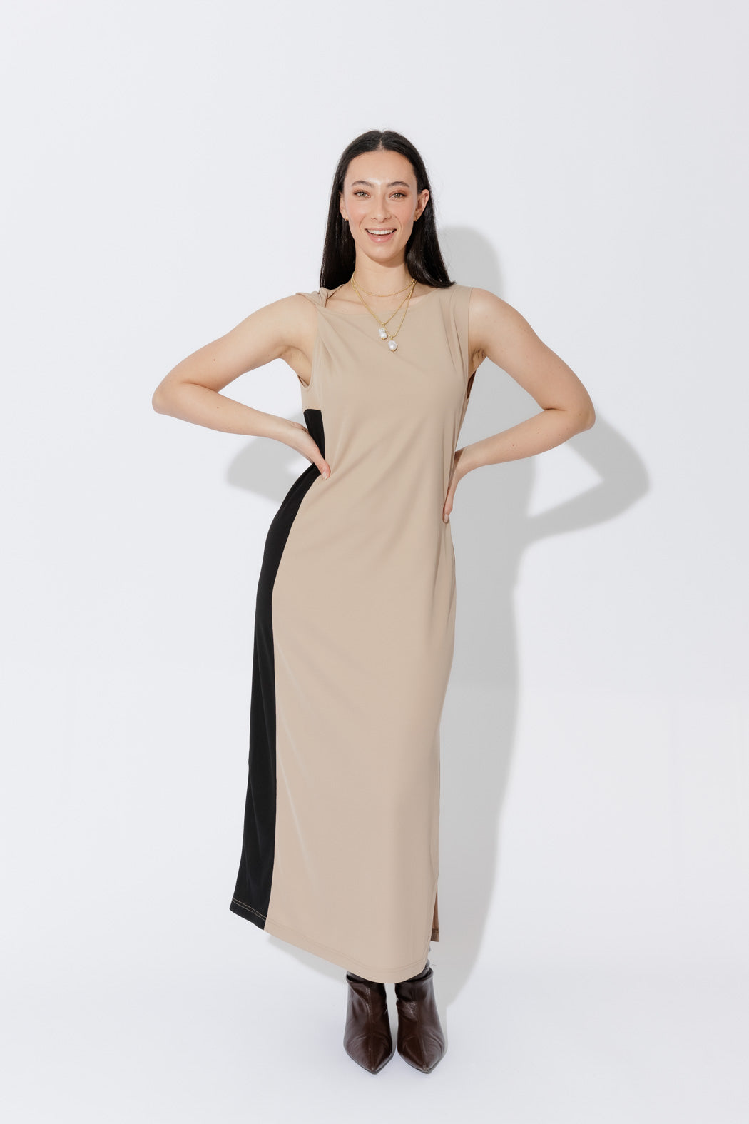 Beige Twist Shoulder Dress